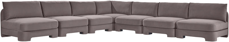 Gray velvet performance sectional sofa with armless chaise and sectional bench seating