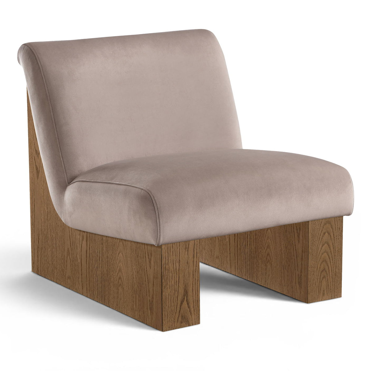 Vantage velvet performance accent chair, beige fabric with dark wood base and armrests