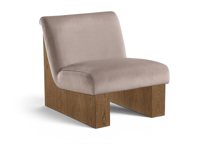 Vantage velvet performance accent chair, beige fabric with dark wood base and armrests