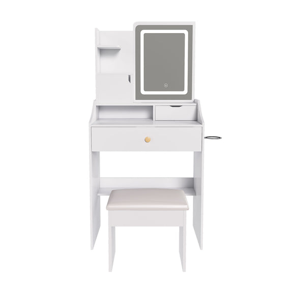 White vanity table with LED mirror, storage shelves, drawer, and matching stool