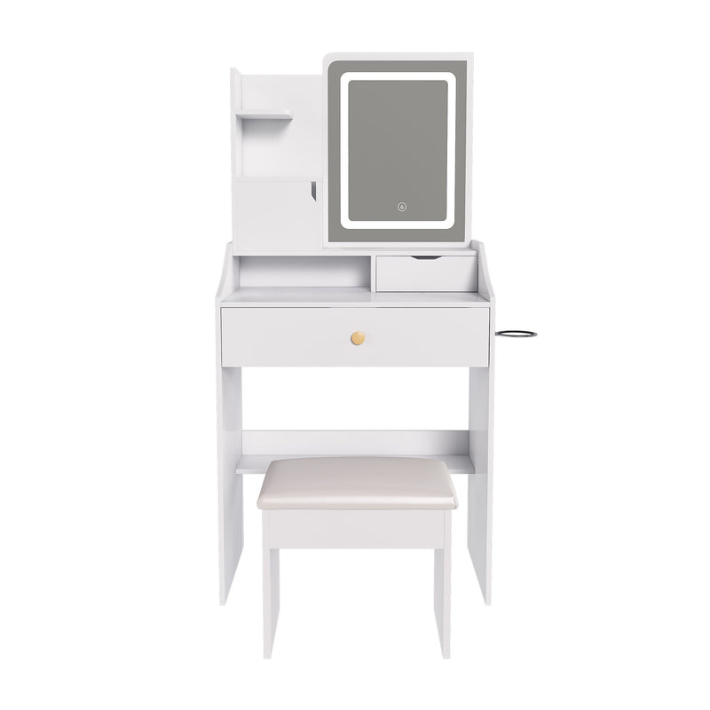 White vanity table with LED mirror, storage shelves, drawer, and matching stool