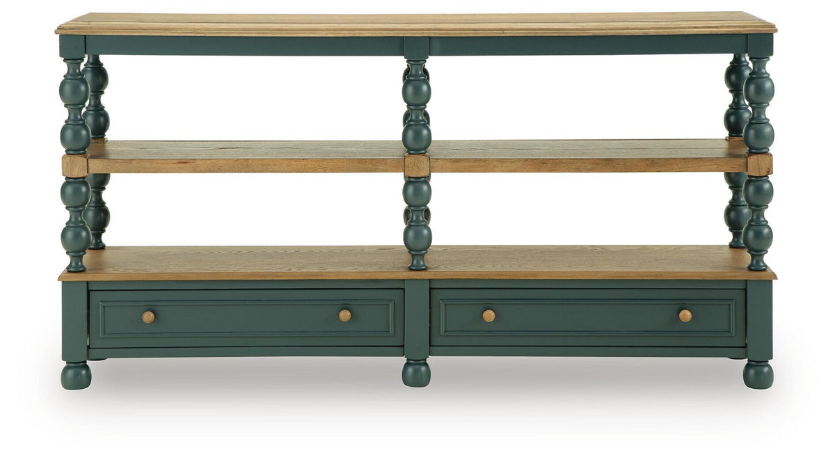 Console table with two tier shelves and two drawers, dark teal frame, light wood top