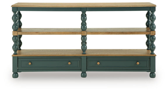 Console table with two tier shelves and two drawers, dark teal frame, light wood top