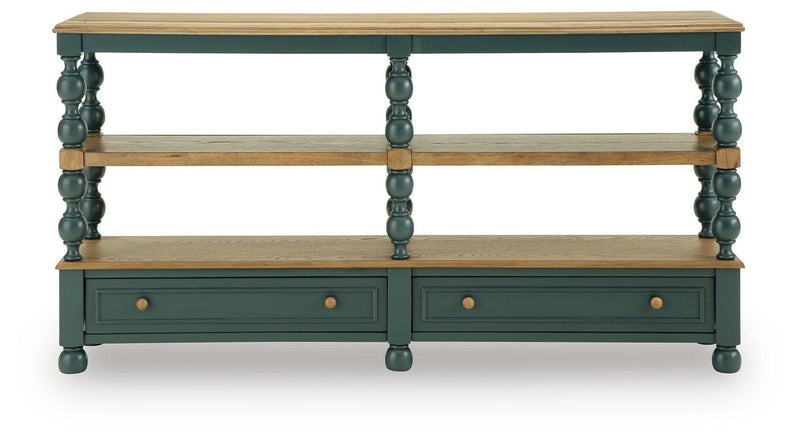 Console table with two tier shelves and two drawers, dark teal frame, light wood top