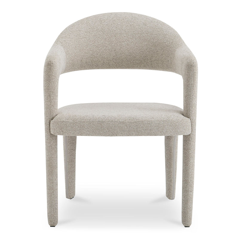 Beige upholstered dining chair with a curved wraparound back and integrated arms