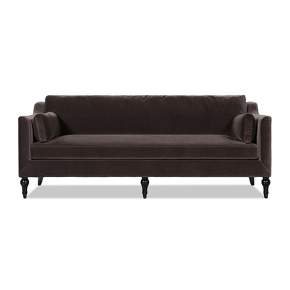 Dark brown upholstered modern sofa with squared arms, two back cushions, and four legs
