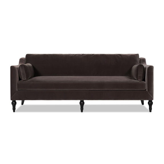 Dark brown upholstered modern sofa with squared arms, two back cushions, and four legs