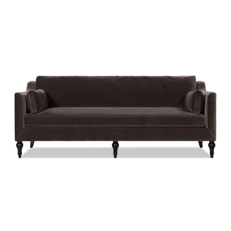 Dark brown upholstered modern sofa with squared arms, two back cushions, and four legs