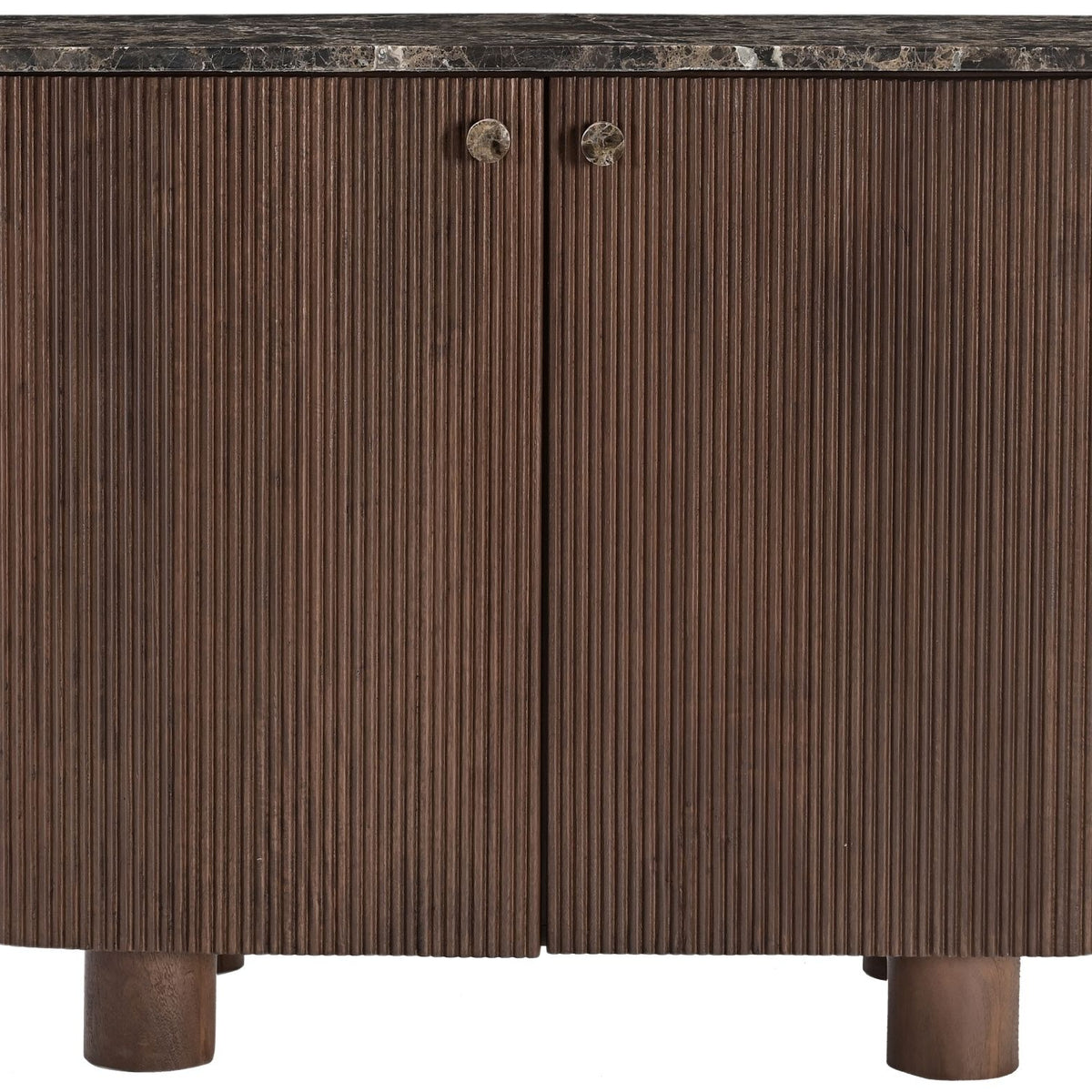 Dark brown mango wood sideboard with 2 doors, vertical ribbed texture, and metal knob pulls