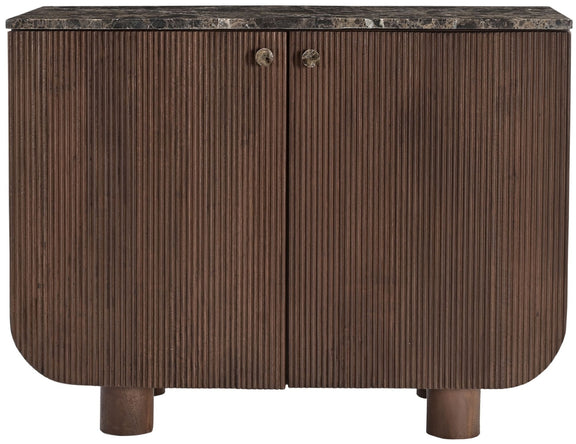 Dark brown mango wood sideboard with 2 doors, vertical ribbed texture, and metal knob pulls