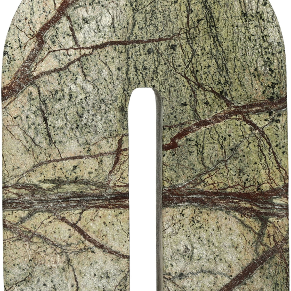 Green marble bookend with dark veining and vertical central slot
