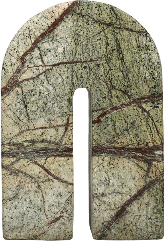 Green marble bookend with dark veining and vertical central slot