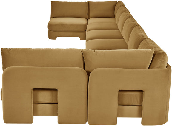 Tan velvet U-shaped armless sectional sofa with padded cushions and chaise backrests