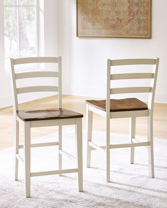 Two brown wood barstools with antique white frames, ladder backs, square seats