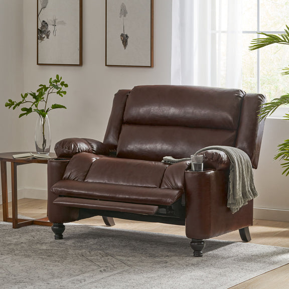 Dark brown manual recliner chair with recline back, padded arms, and knob feet