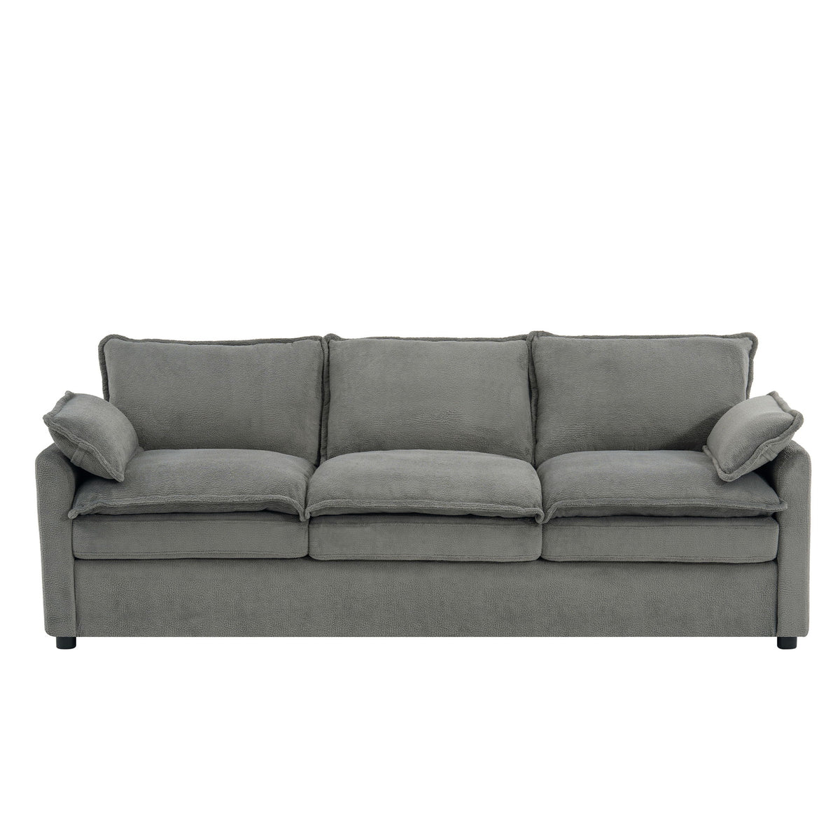 Dark gray 3-seat sofa with three seat cushions and padded arm storage pockets