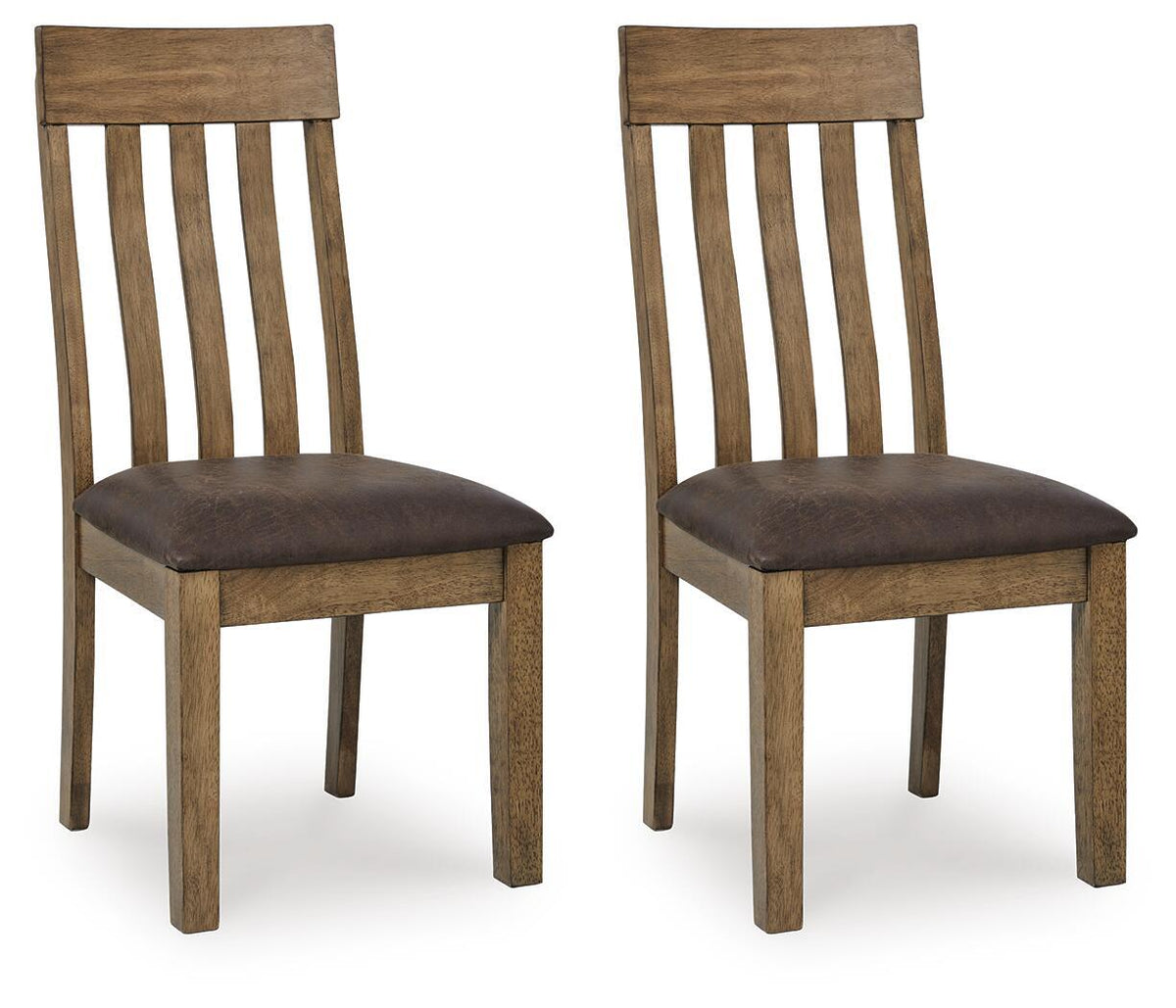 Pair of light brown dining side chairs with dark upholstered seats and slatted backs
