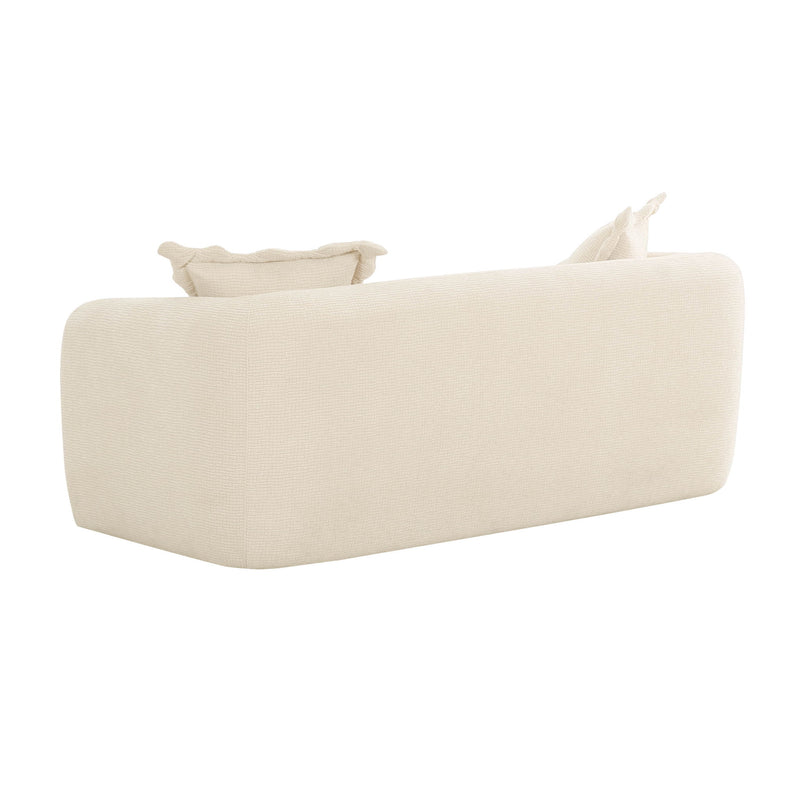 Beige fabric loveseat with rounded arm and two back cushions