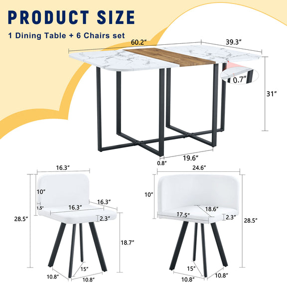 Product size chart for 1 dining table and 6 chairs with shown measurements