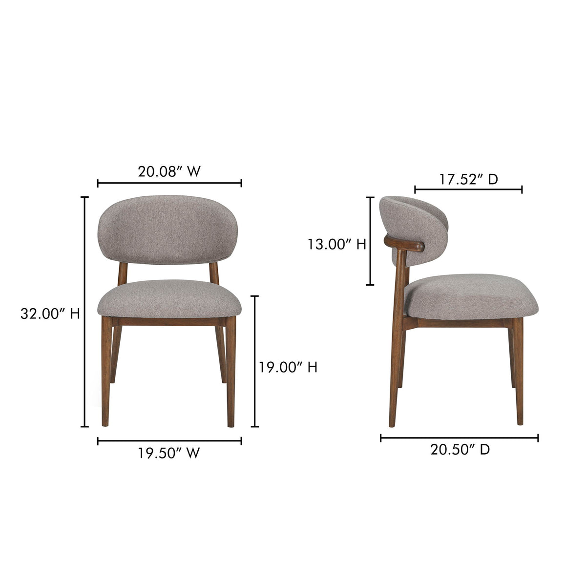 Dining chair dimensions diagram: gray upholstered seat and back, light wood legs