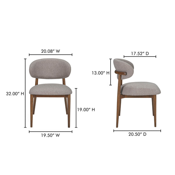 Dining chair dimensions diagram: gray upholstered seat and back, light wood legs