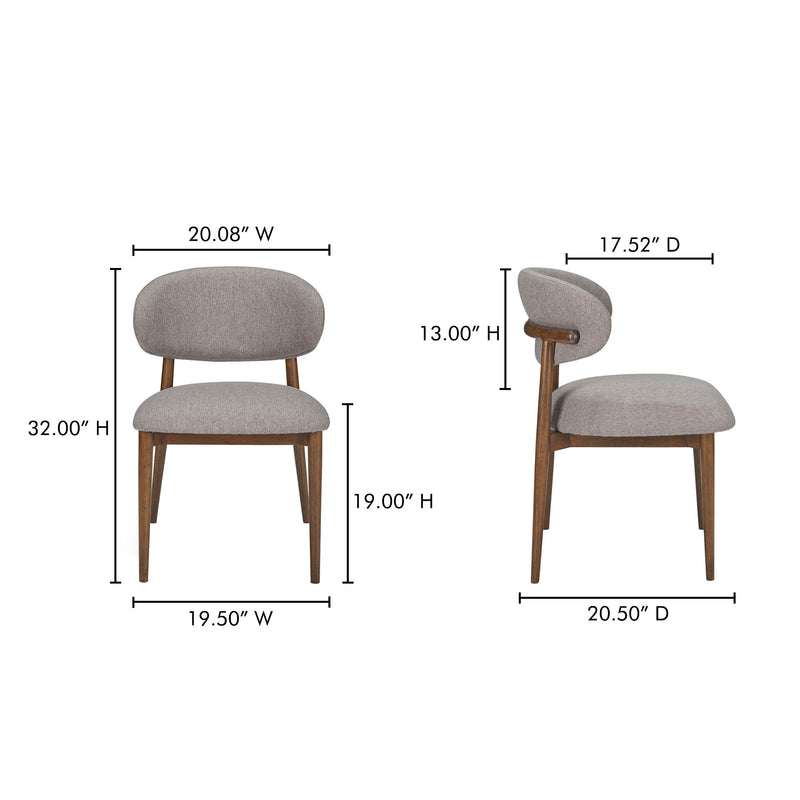 Dining chair dimensions diagram: gray upholstered seat and back, light wood legs