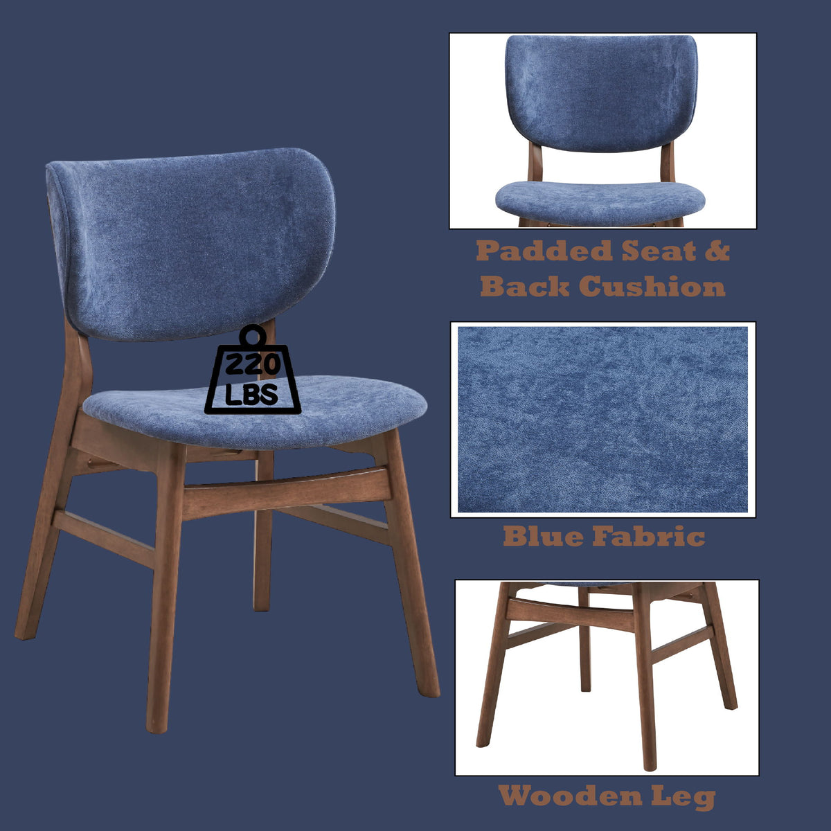 Blue upholstered dining chair with padded seat and back cushion, wooden legs