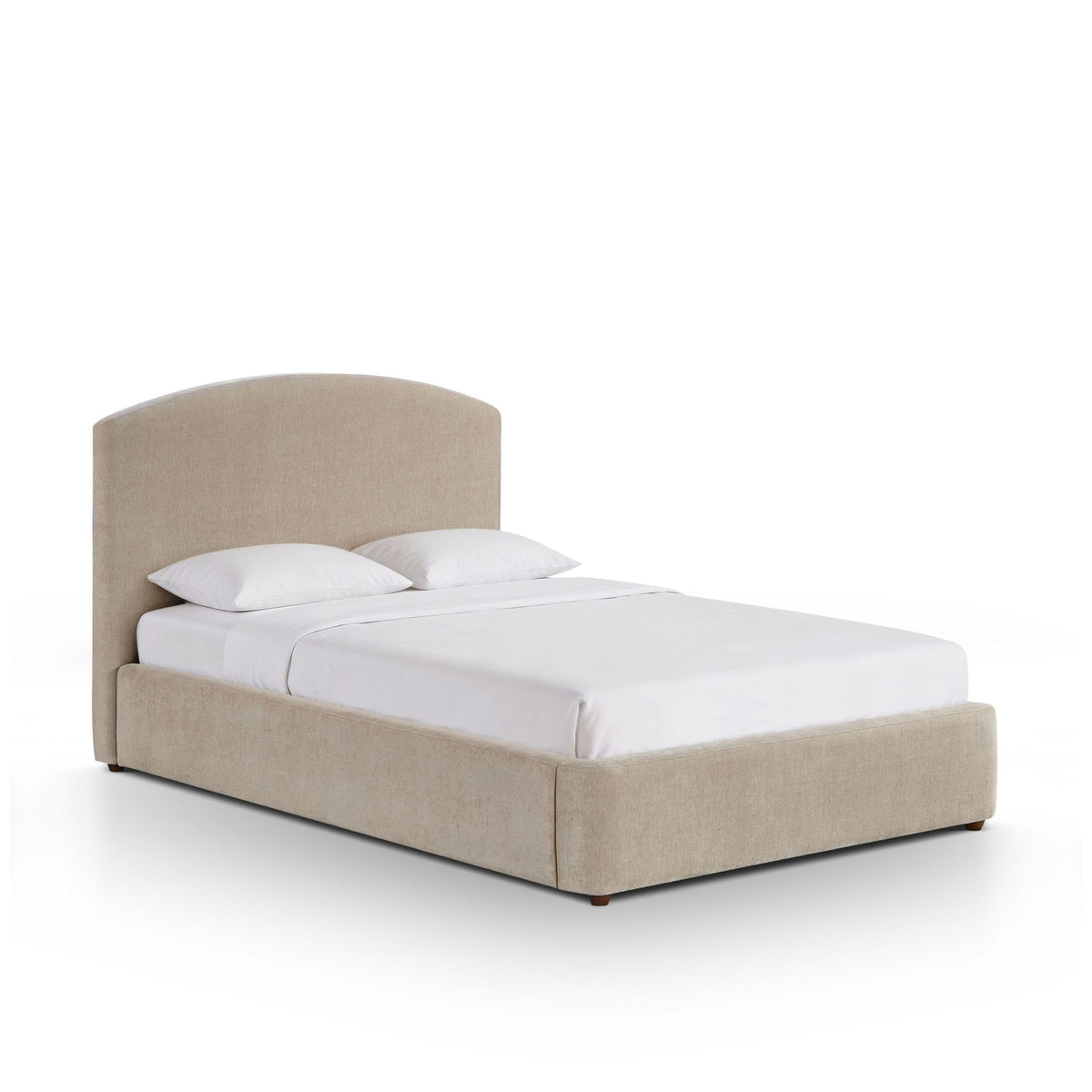 Upholstered bed with tall arched headboard, beige frame, white comforter and pillows.