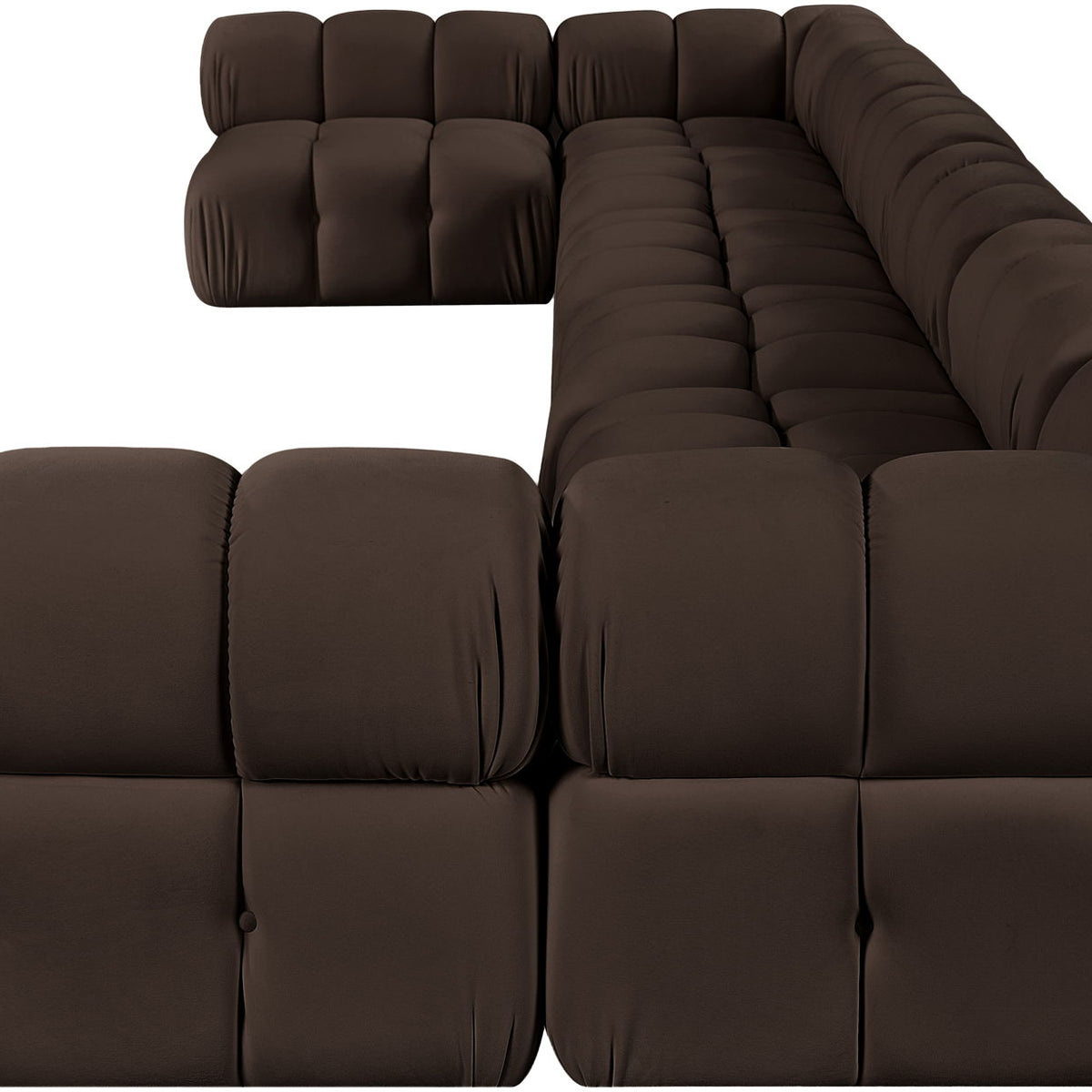 Dark brown modular sectional sofa with padded seat cushions and rounded back panels