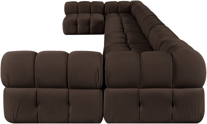 Dark brown modular sectional sofa with padded seat cushions and rounded back panels