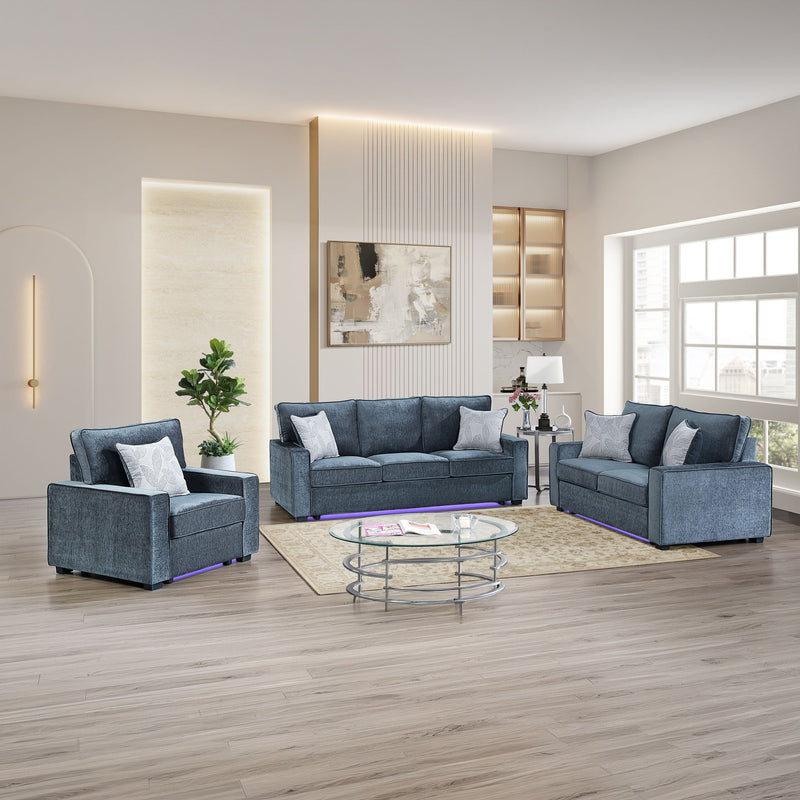 Rita LED living room set with blue fabric chairs and sofa, underglow light strip
