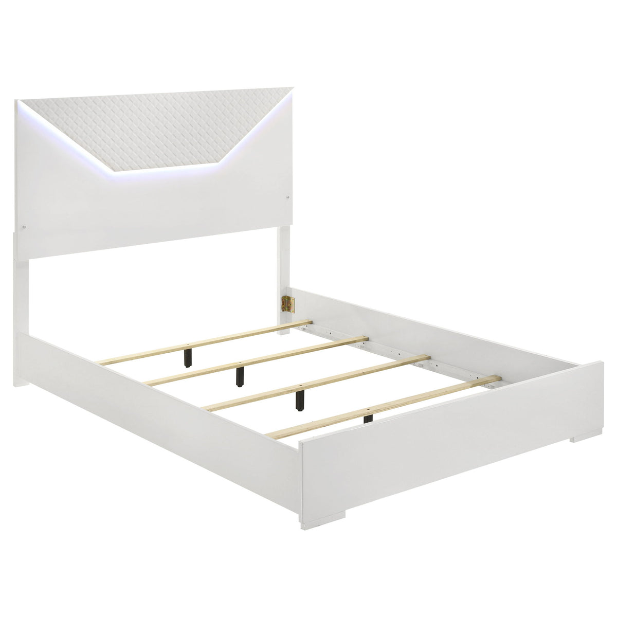 White LED bed frame with upholstered headboard and open platform base