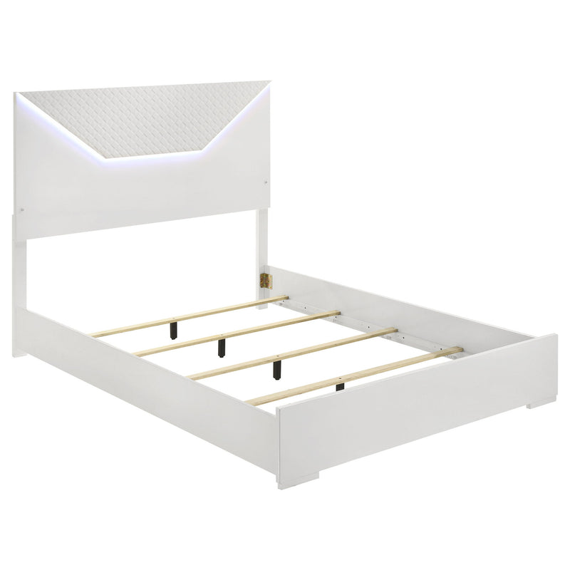 White LED bed frame with upholstered headboard and open platform base