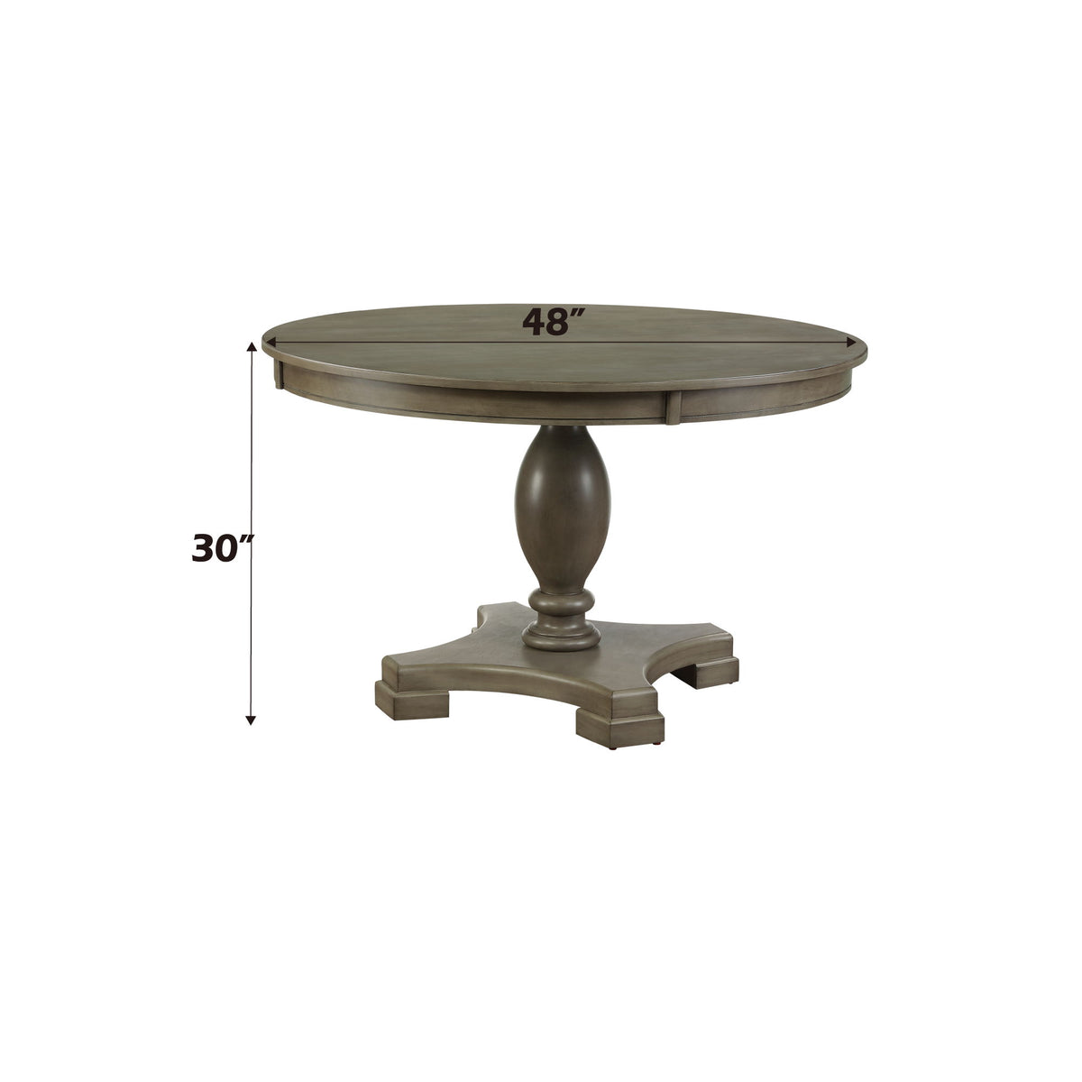 Round gray dining table with pedestal base; 48 in diameter, 30 in height