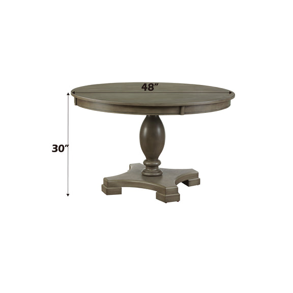 Round gray dining table with pedestal base; 48 in diameter, 30 in height