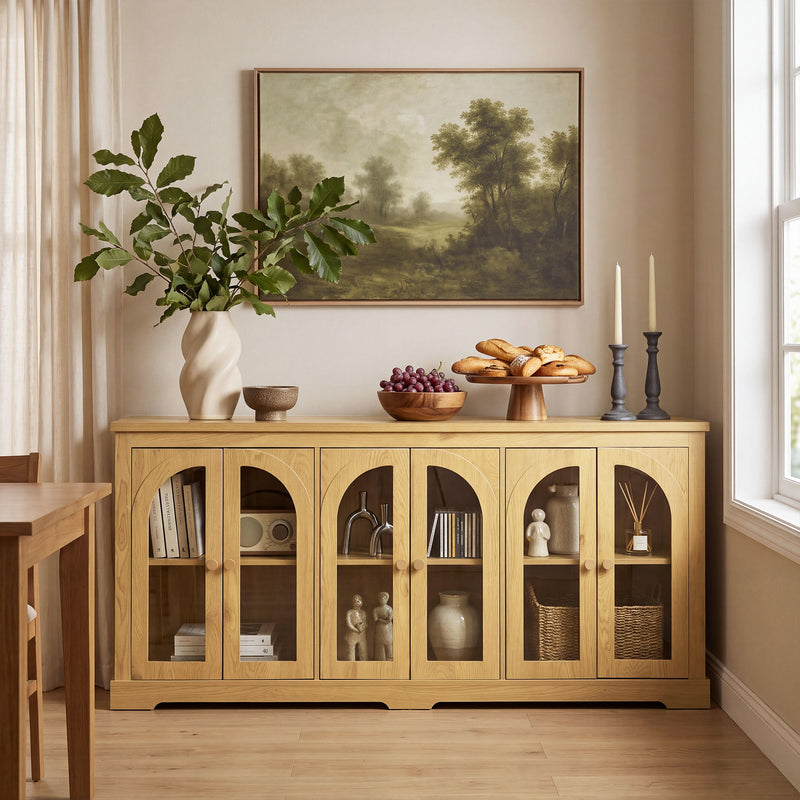Light brown arched glass sideboard with 6 doors and brass knobs, shown in living room