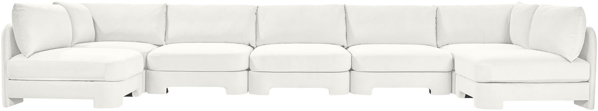 White velvet performance fabric U-shaped armless sectional with modular seat and arm pads.