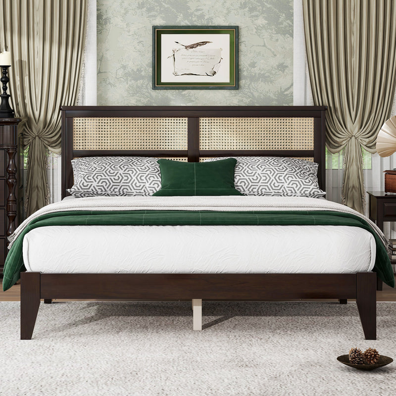 Queen Size Rubber Wooden, Solid Wooden Bed with Rattan Headboard, Enhanced by Support Feet, Espresso, Coastal