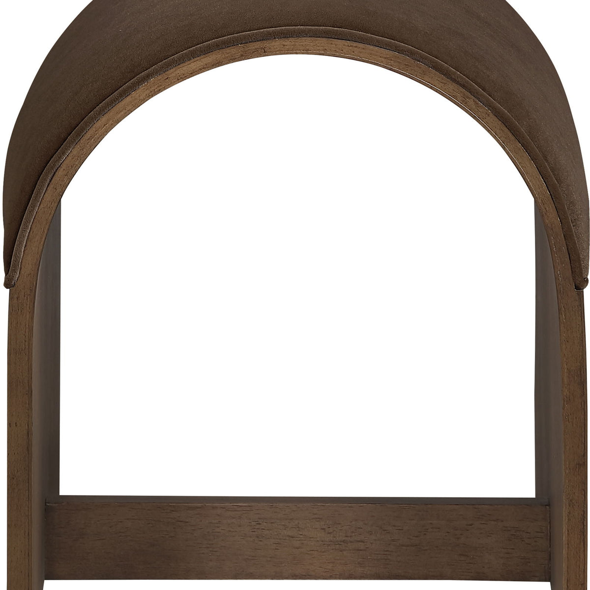 Dark brown velvet upholstered bench end with arched top and dark wood frame
