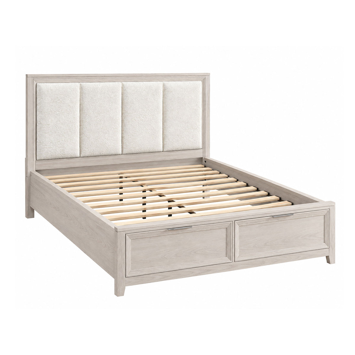 Storage bed with upholstered padded headboard and front drawer panels, light beige finish.