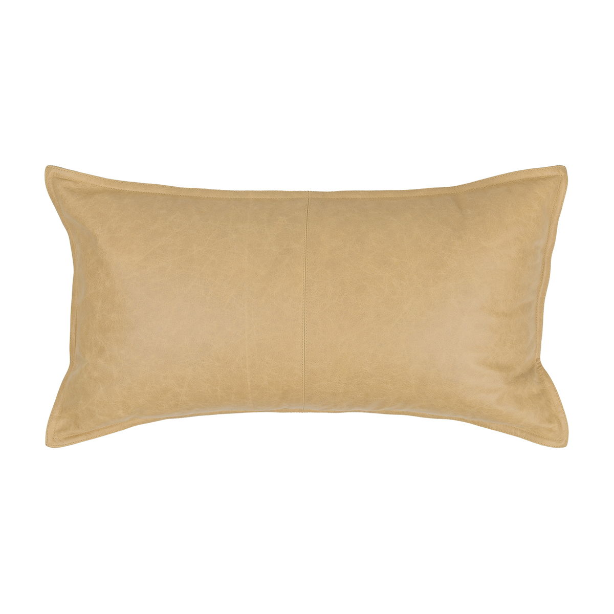 Light tan leather rectangular pillow with panel seams and stitched welt trim