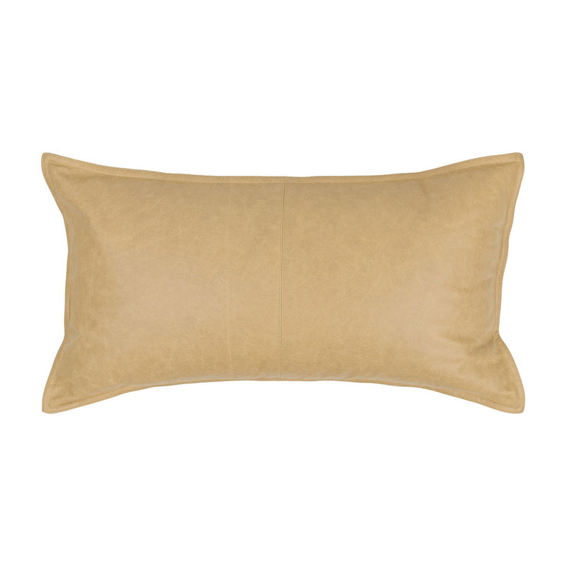 Light tan leather rectangular pillow with panel seams and stitched welt trim