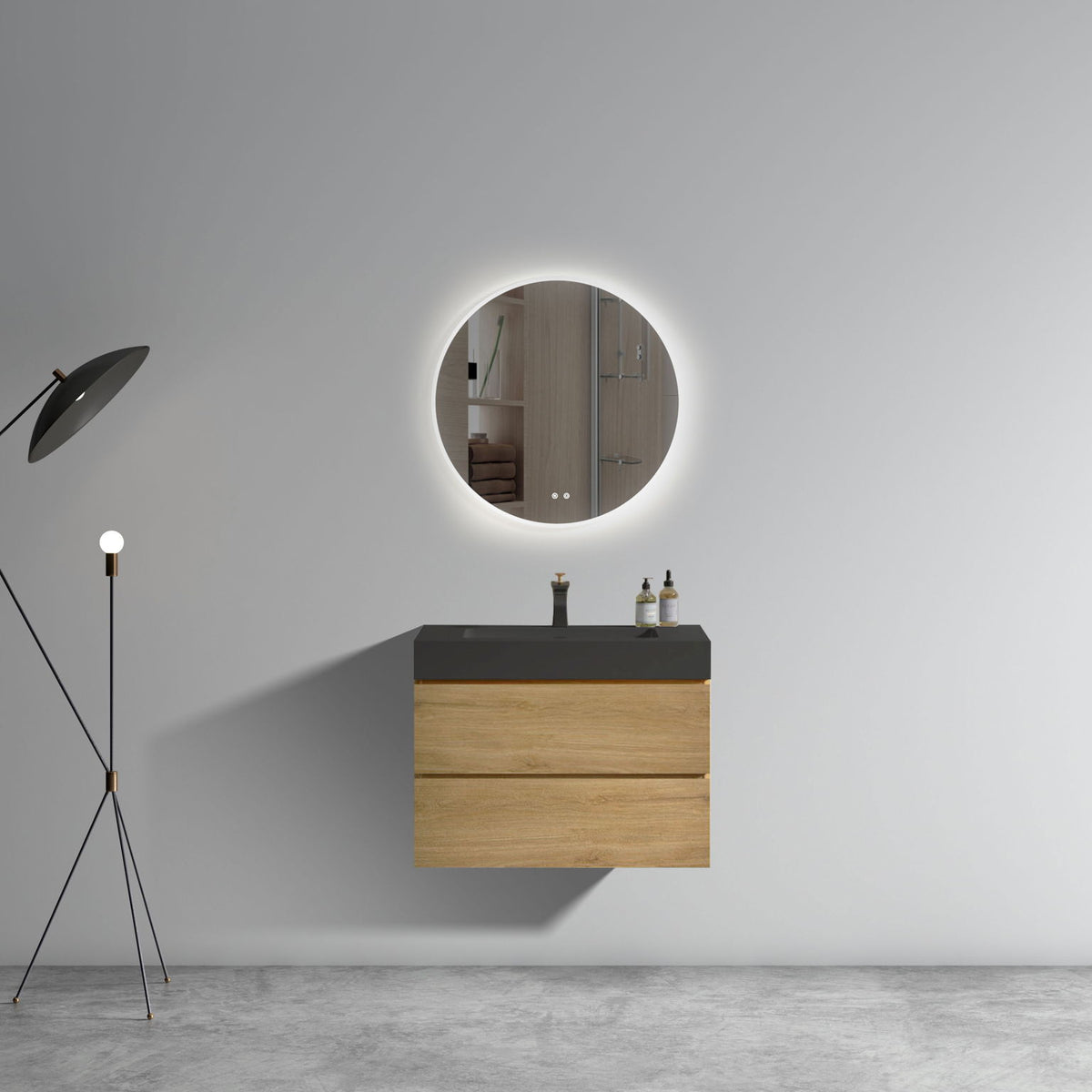 Alice - Natural Oak Bathroom Vanity With Sink, Large Storage Wall Mounted Floating Bathroom Vanity For Modern Bathroom, One-Piece Black Sink Basin Without Drain