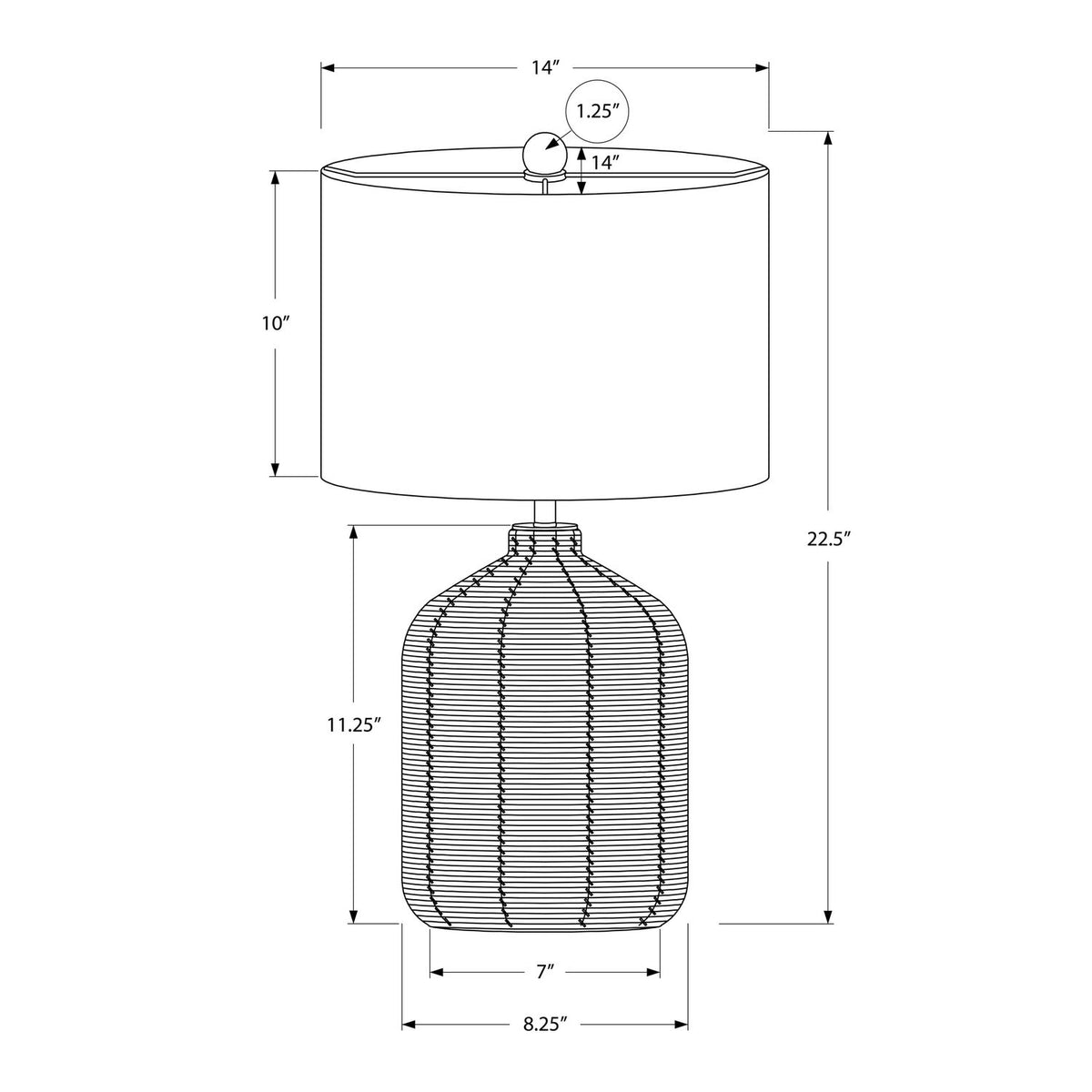 Table lamp dimensions diagram with white drum shade and woven rattan base