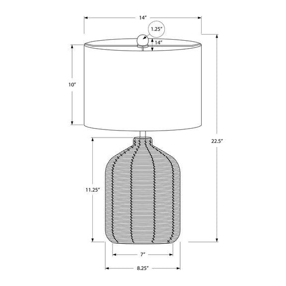 Table lamp dimensions diagram with white drum shade and woven rattan base