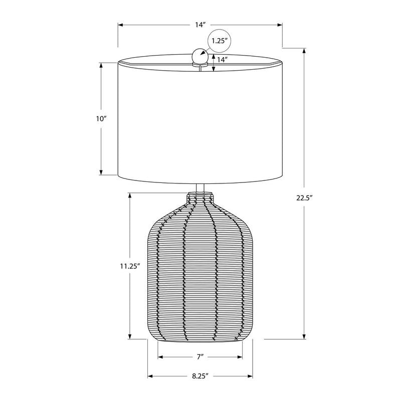 Table lamp dimensions diagram with white drum shade and woven rattan base