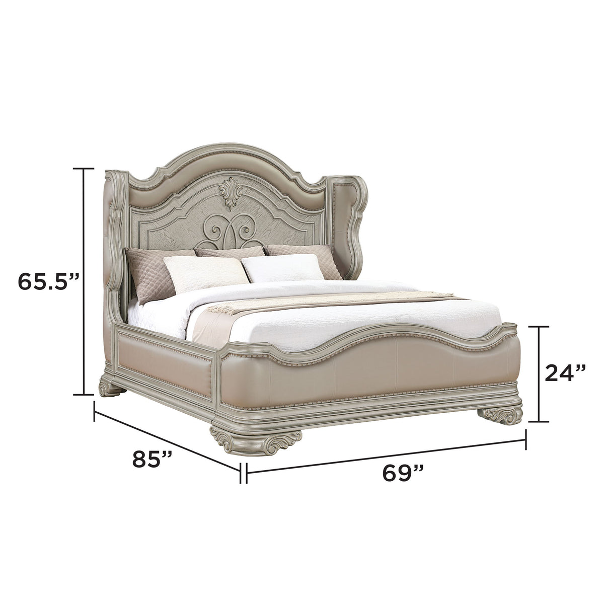 Pearl silver upholstered bed with tall headboard, footboard, and white bedding