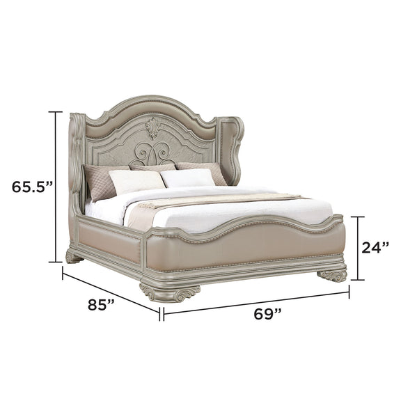 Pearl silver upholstered bed with tall headboard, footboard, and white bedding