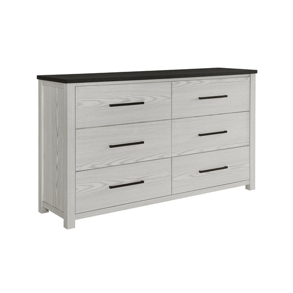 Low dresser with black top and six drawers, light beige woodgrain finish