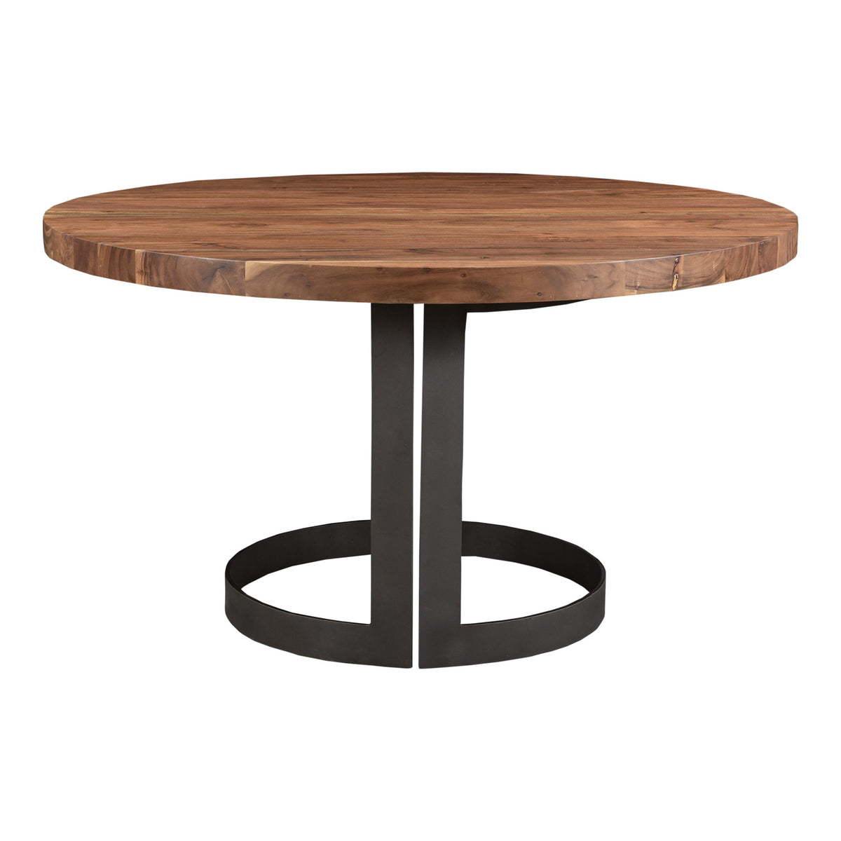 Round smoked wood dining table with dark metal pedestal and circular base ring